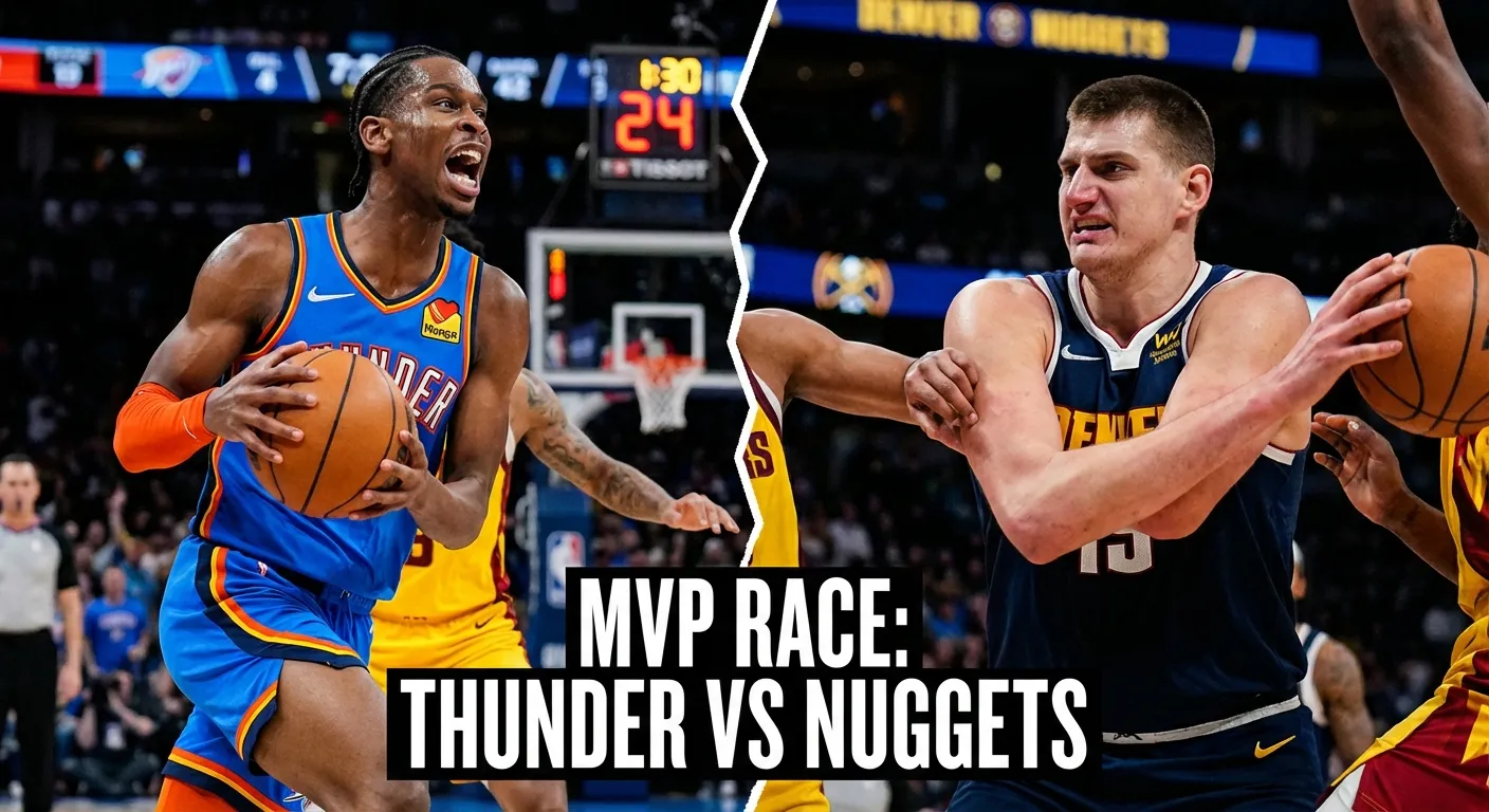 Split image of Shai Gilgeous-Alexander and Nikola Jokic competing for NBA MVP honors