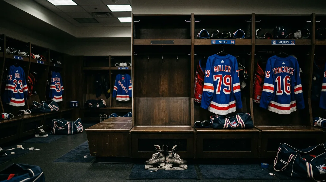Empty New York Rangers locker room stall with jersey removed signaling roster teardown