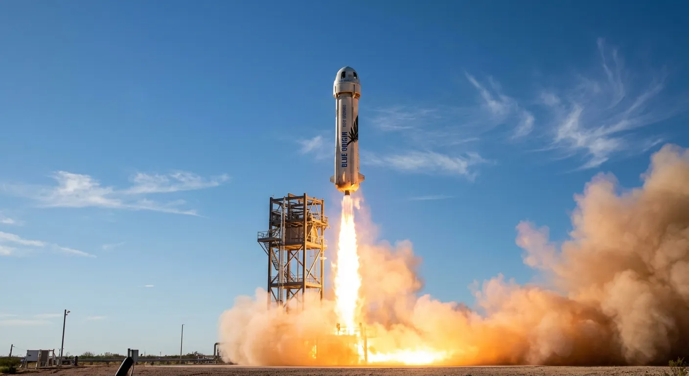 Blue Origin New Shepard rocket launching into space with clear sky background