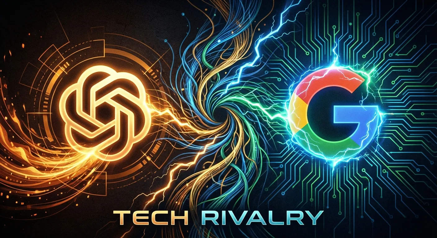Split-screen visualization of OpenAI and Google logos facing off with neural network patterns connecting them