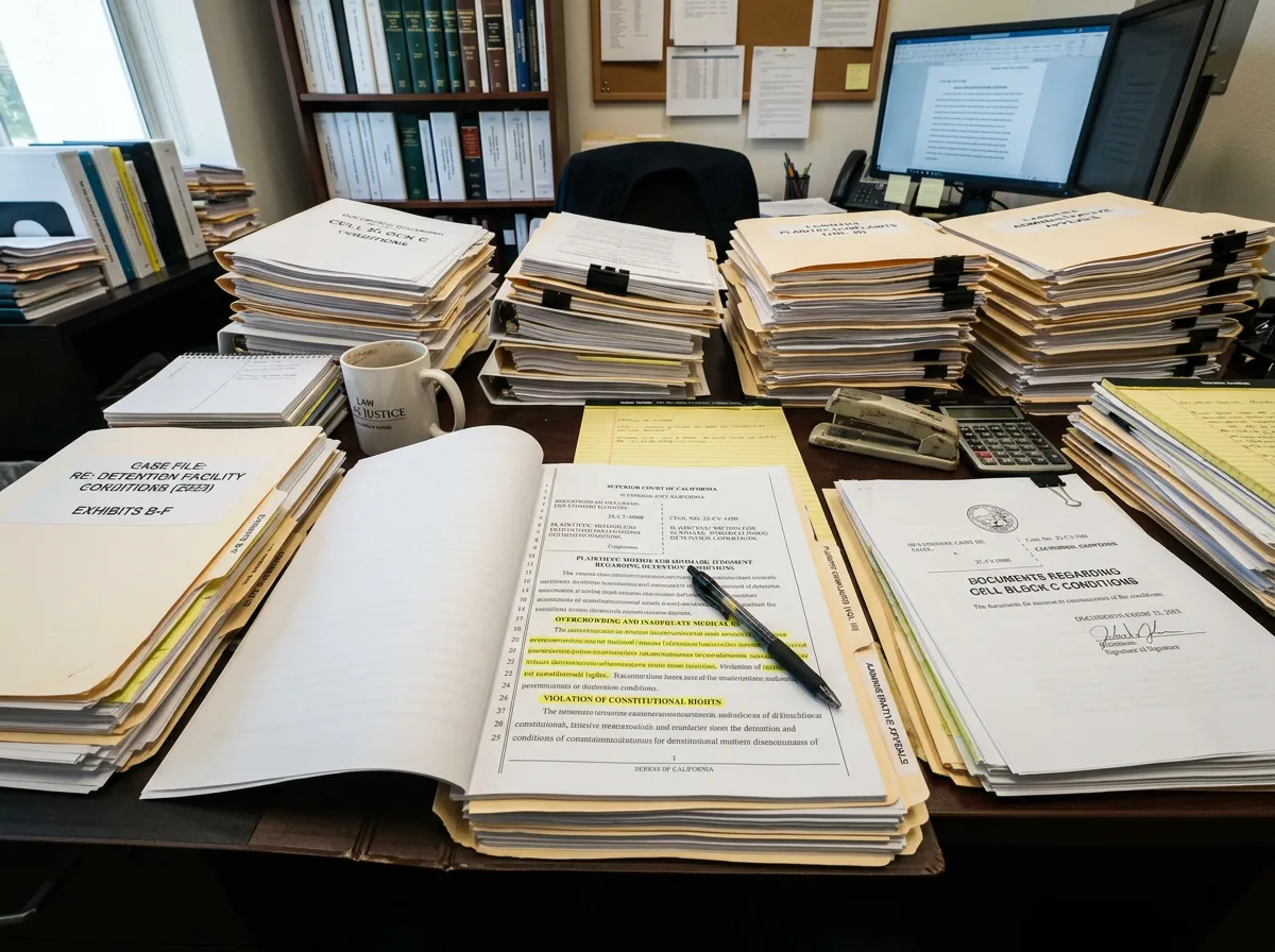 Stacked court documents and legal filings on a desk with a pen