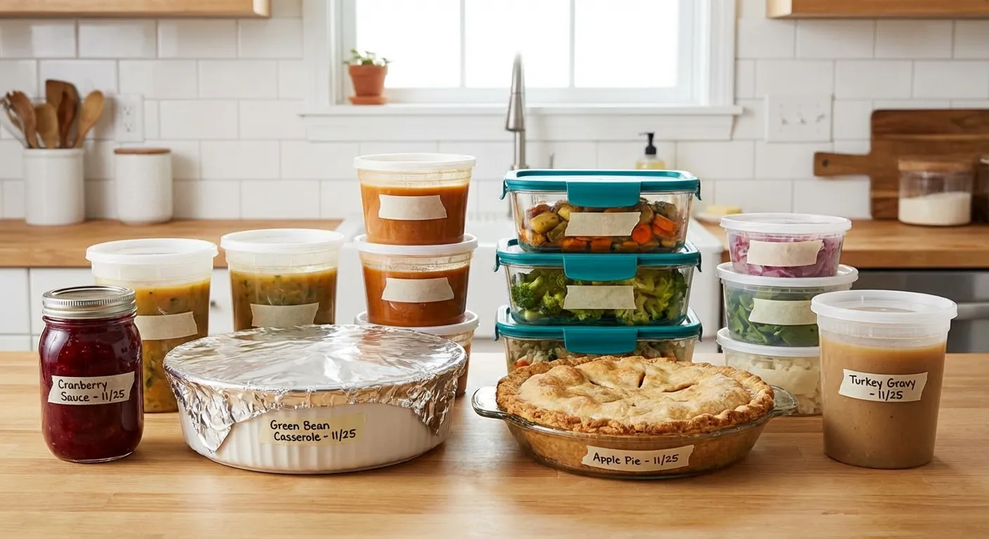 Various make-ahead holiday dishes in containers