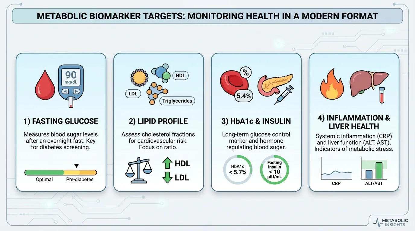 Metabolic biomarker targets showing optimal ranges for fasting glucose, HbA1c, fasting insulin, and lipids