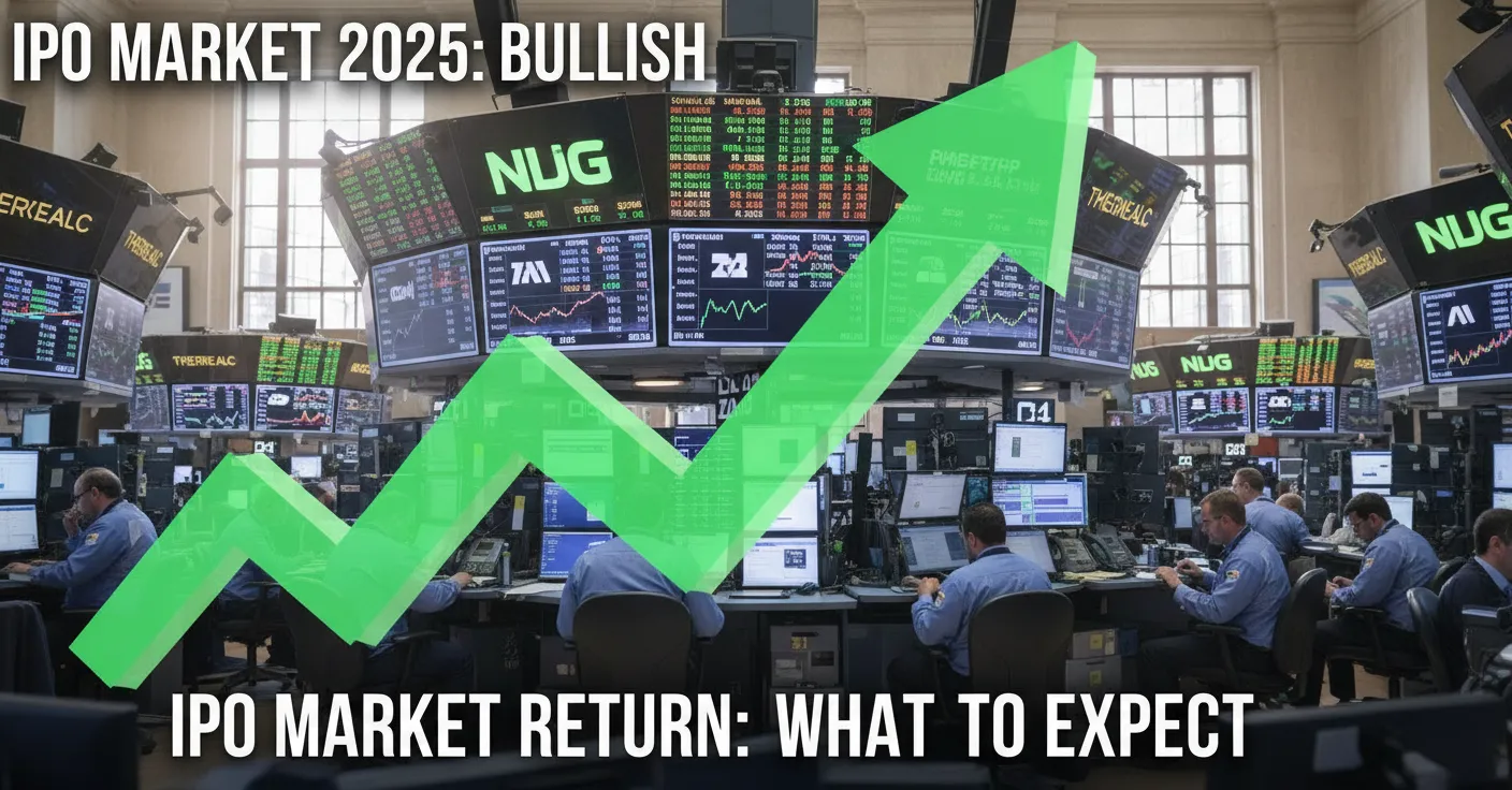 Stock exchange trading floor with IPO bell ceremony and digital stock tickers