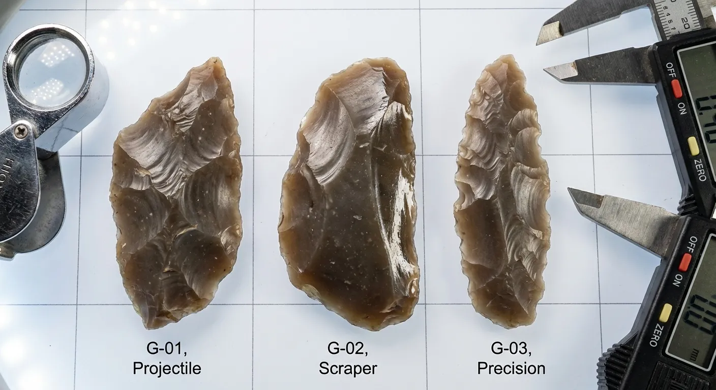 Detailed view of retouched flint blades showing wear patterns and resharpening marks