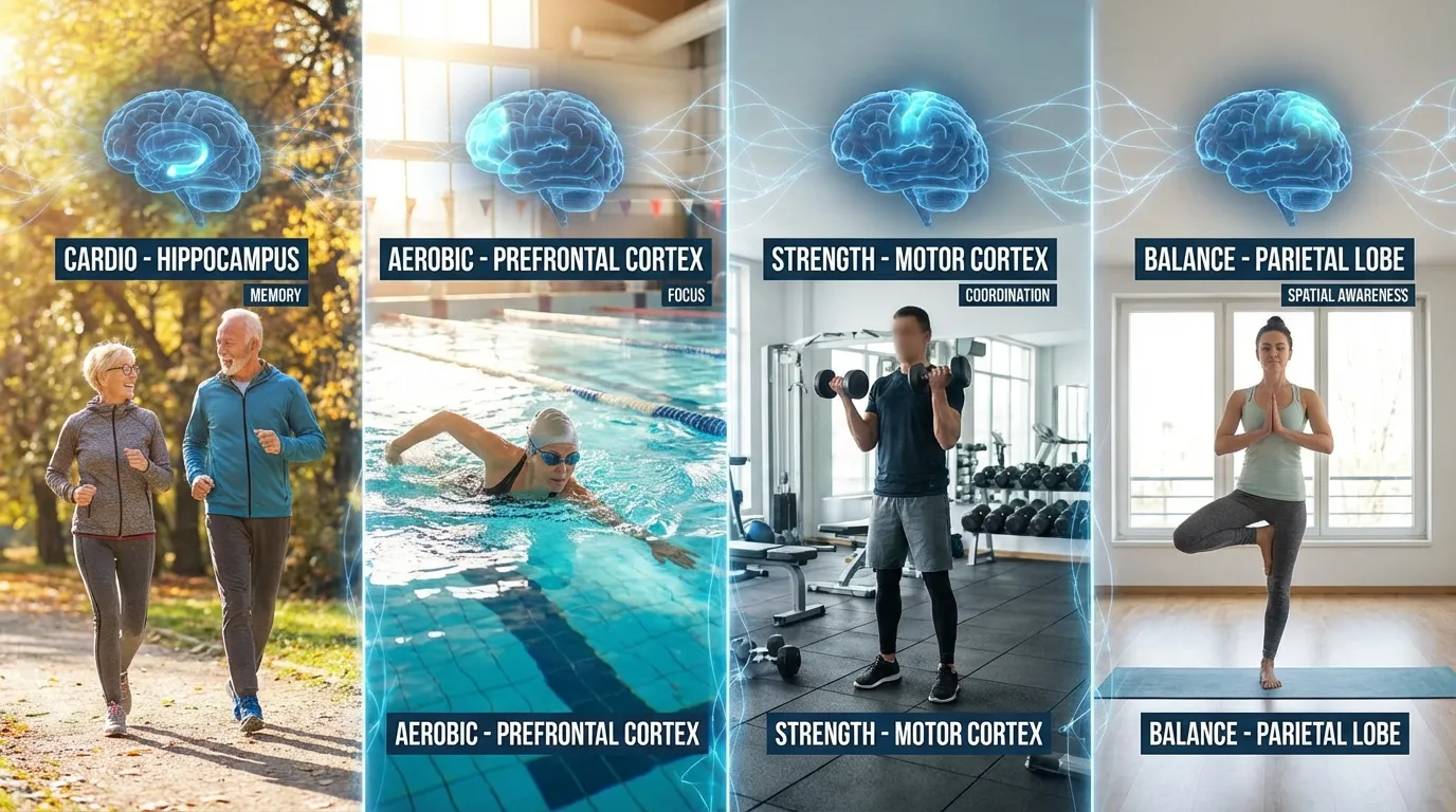 Various types of exercise activities shown benefiting brain health including walking, swimming, and strength training