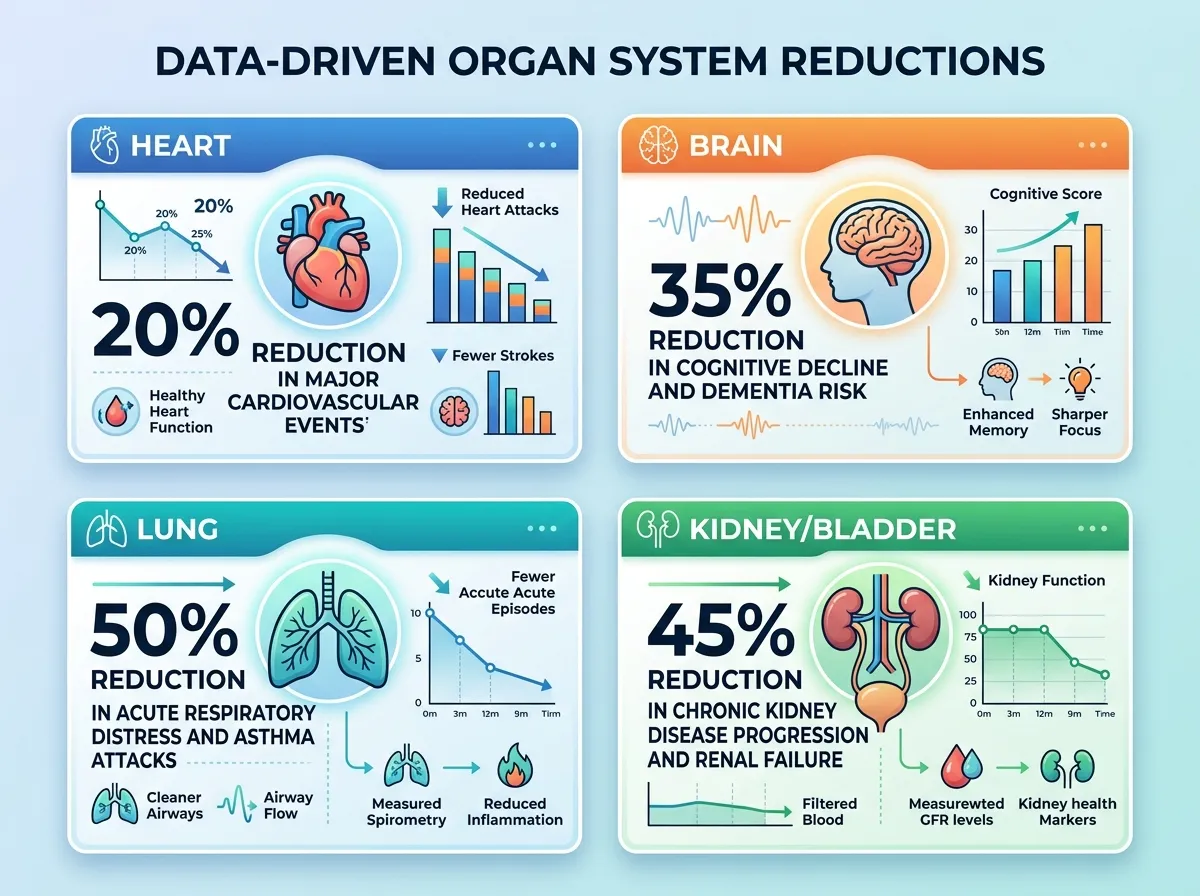 Infographic showing GLP-1 drug benefits across multiple organ systems with statistics