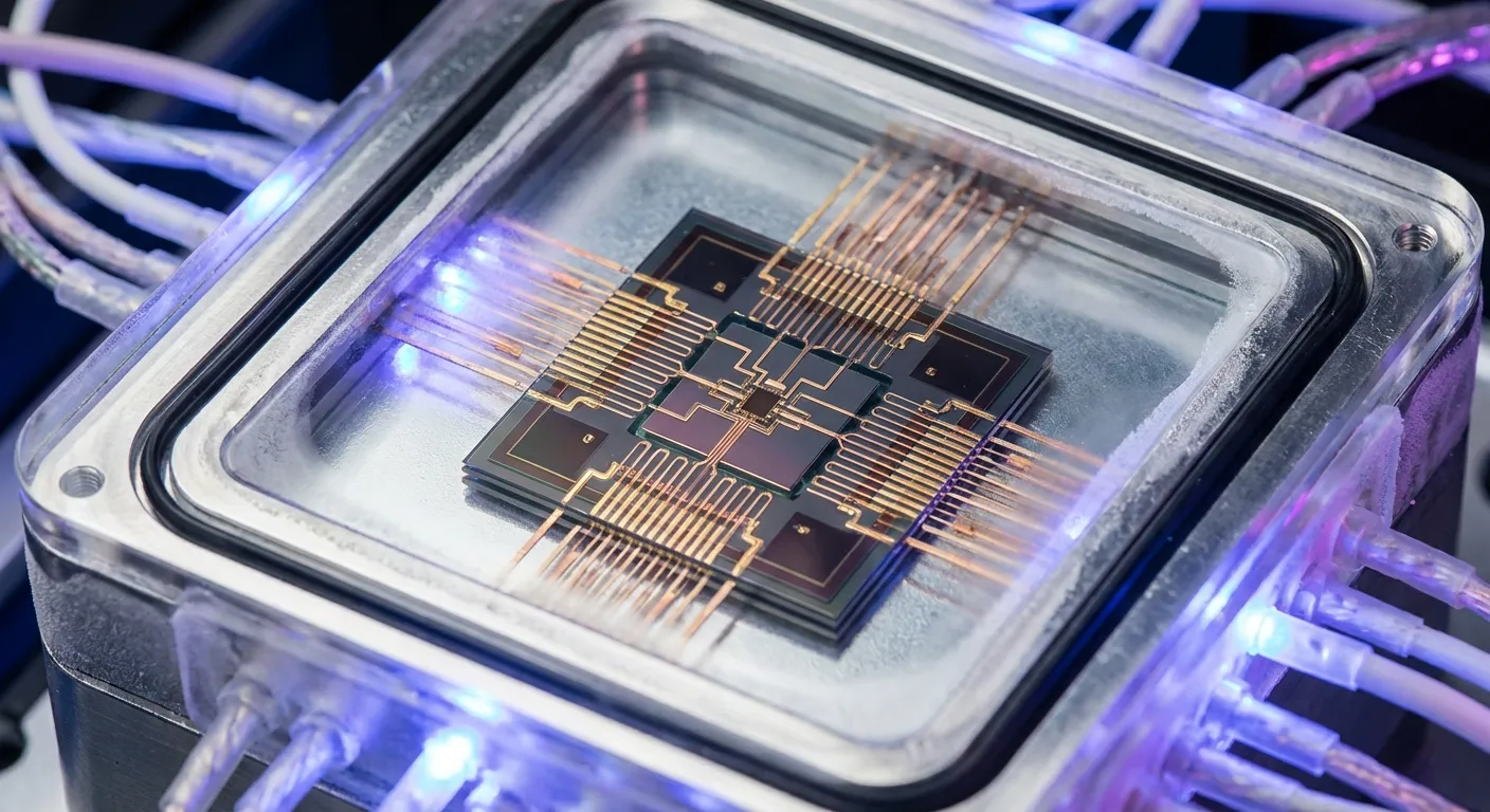 Futuristic quantum computer processor with glowing blue circuits and cooling systems