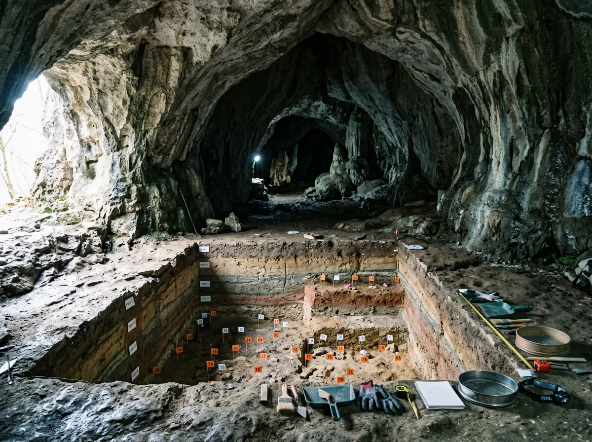 Interior of a Swabian Jura cave with archaeological excavation site and dim natural lighting