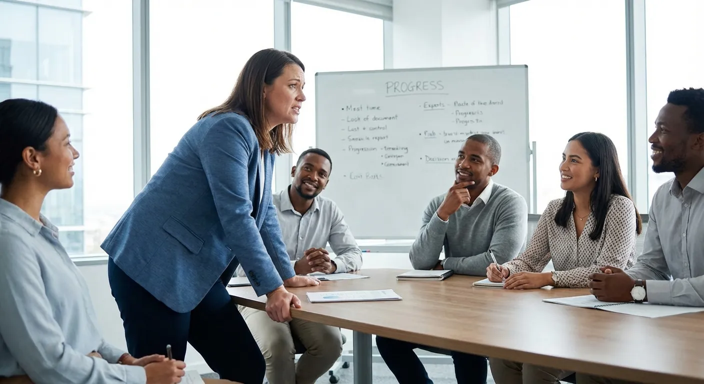 Person speaking up in meeting despite visible nervousness