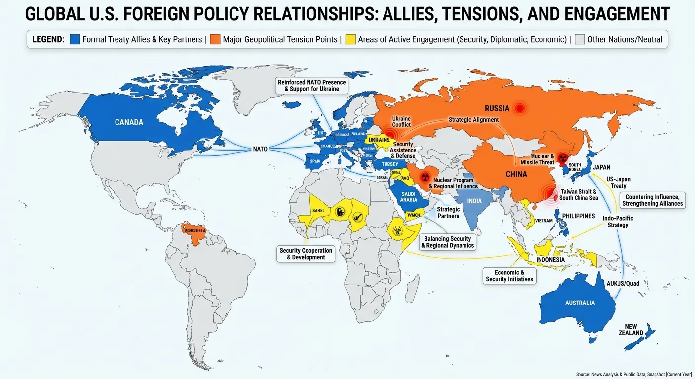World map showing shifting US alliance relationships under Trump foreign policy