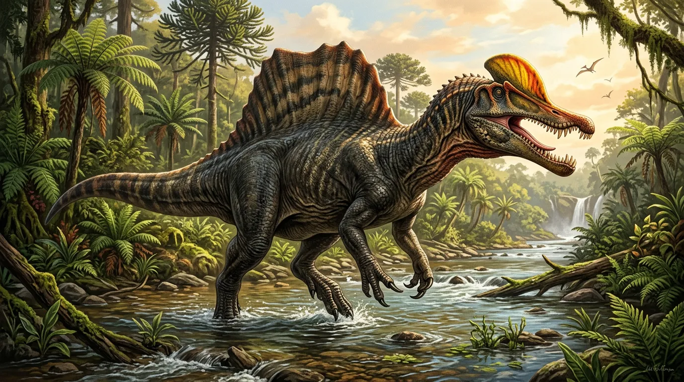 A massive spinosaur dinosaur wading through a shallow river in a lush prehistoric landscape