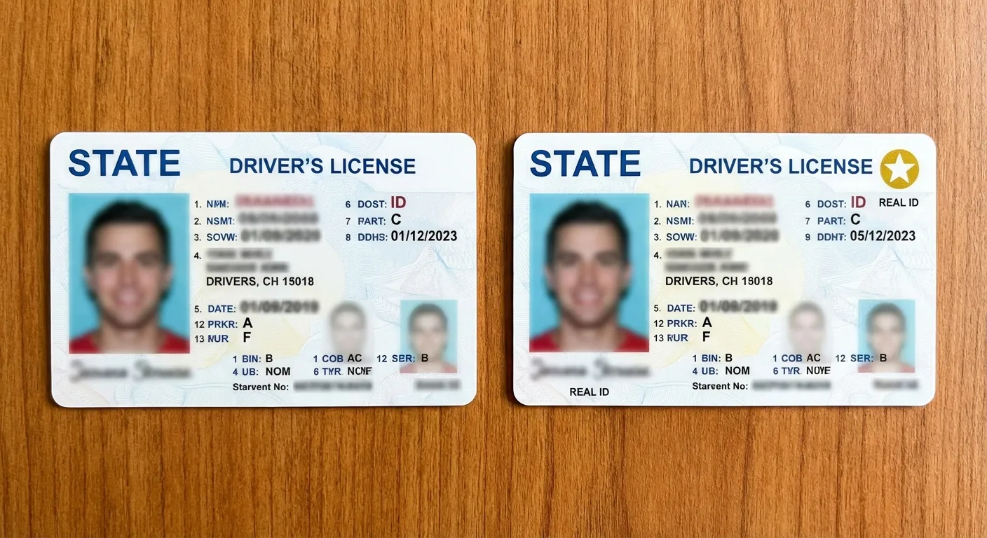 Close-up comparison of a standard driver's license and a REAL ID license