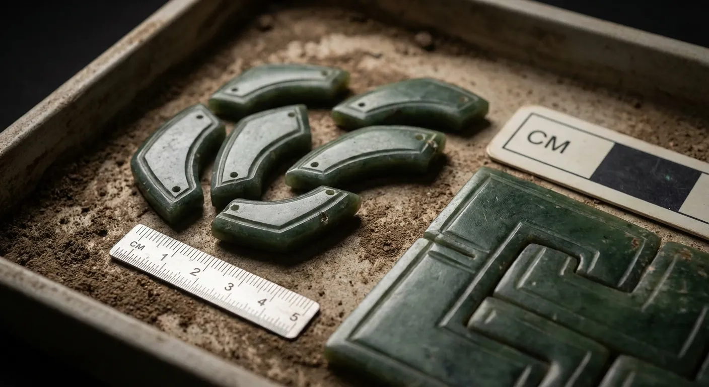 Close-up of jade mask pieces showing intricate carving and fitting of individual elements