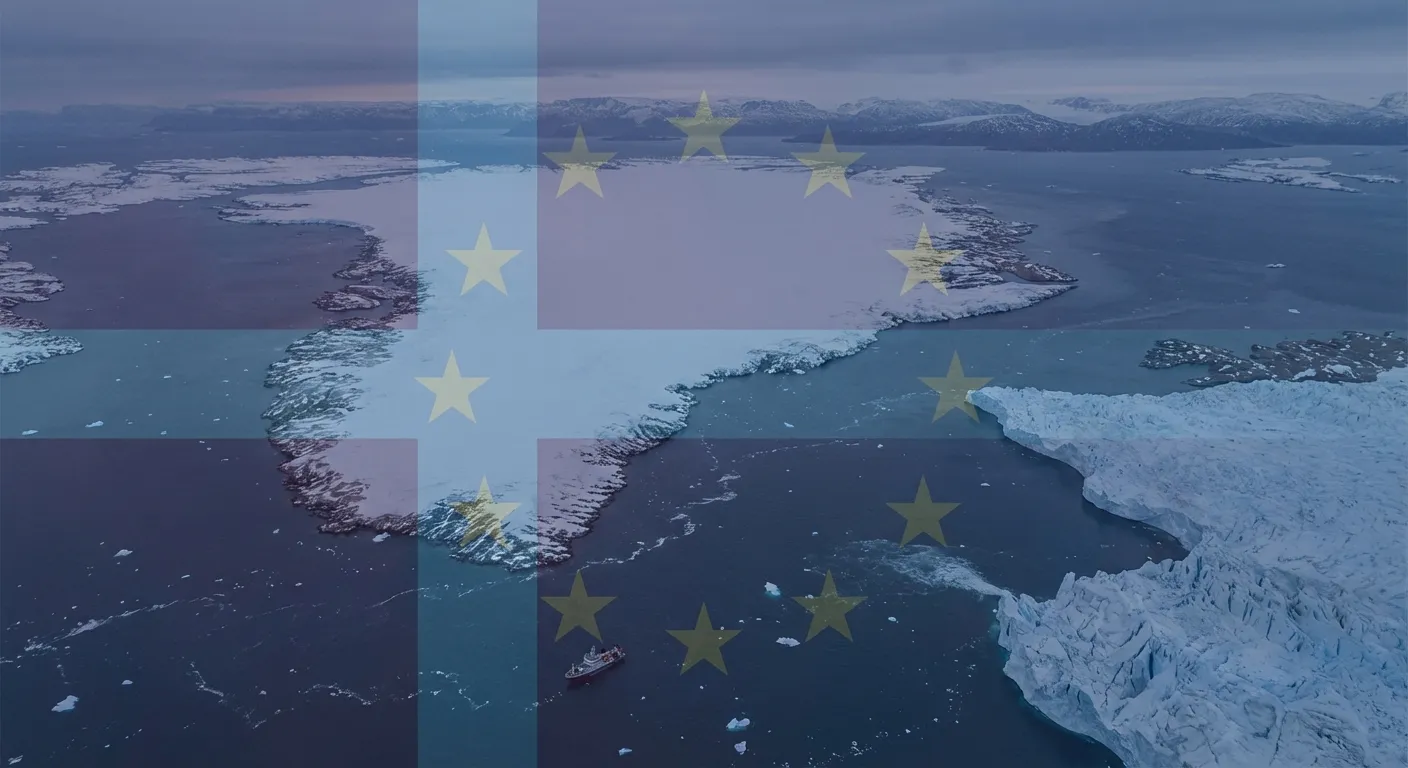 Aerial view of Greenland's icy landscape with flags of Denmark and European nations