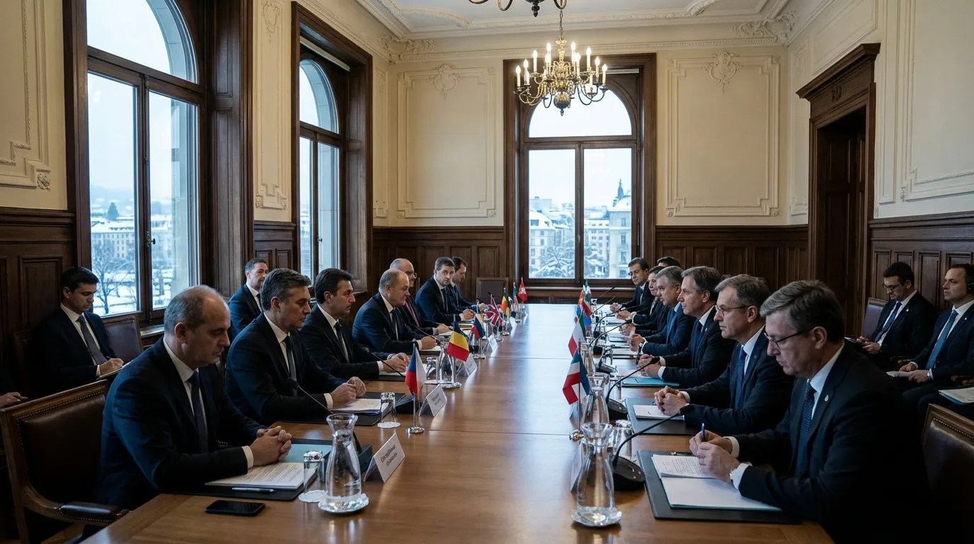 Diplomatic delegations seated across a negotiation table in a Geneva conference room