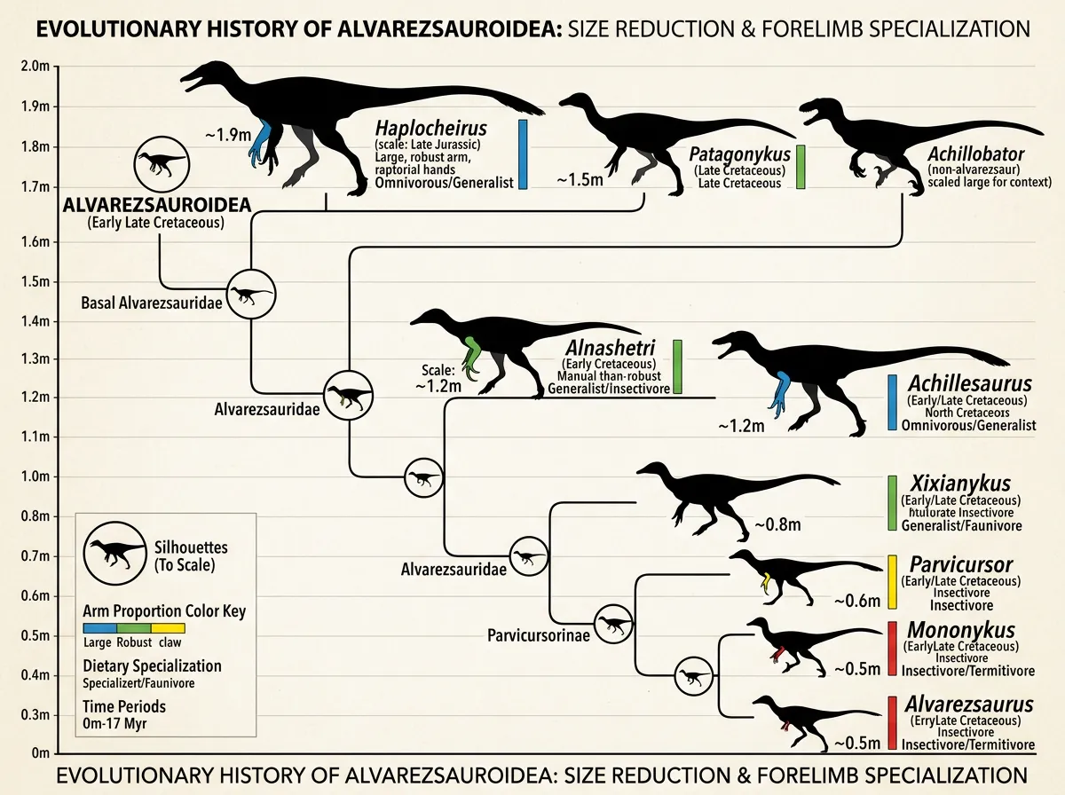 Evolutionary tree diagram showing alvarezsaur lineage from large ancestors to tiny specialized descendants
