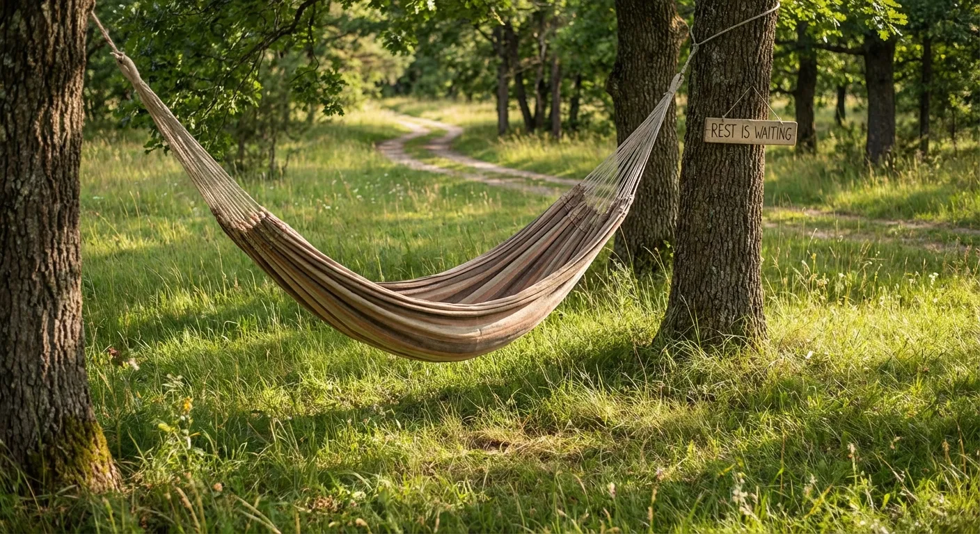Empty hammock swaying gently between two trees in dappled sunlight