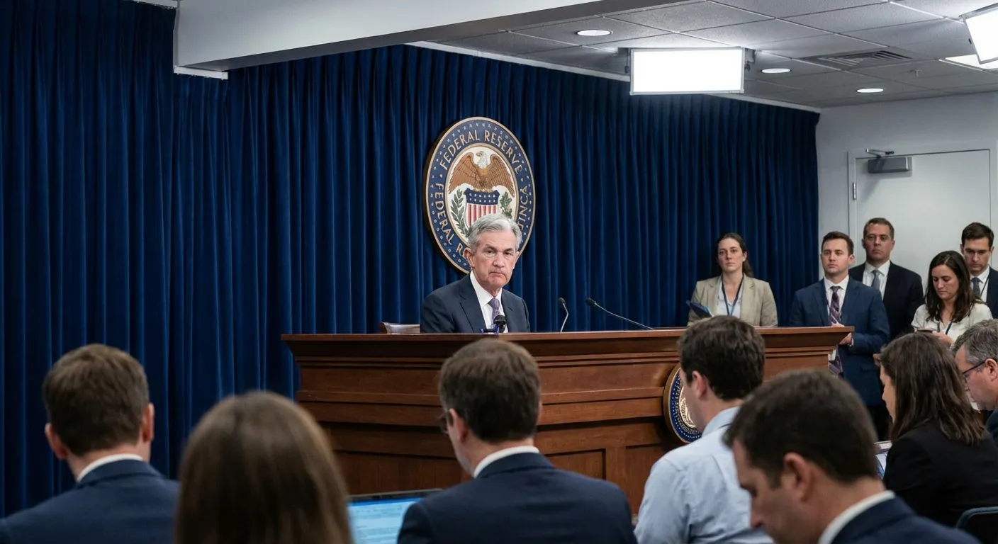 Jerome Powell speaking at Federal Reserve press conference with serious expression