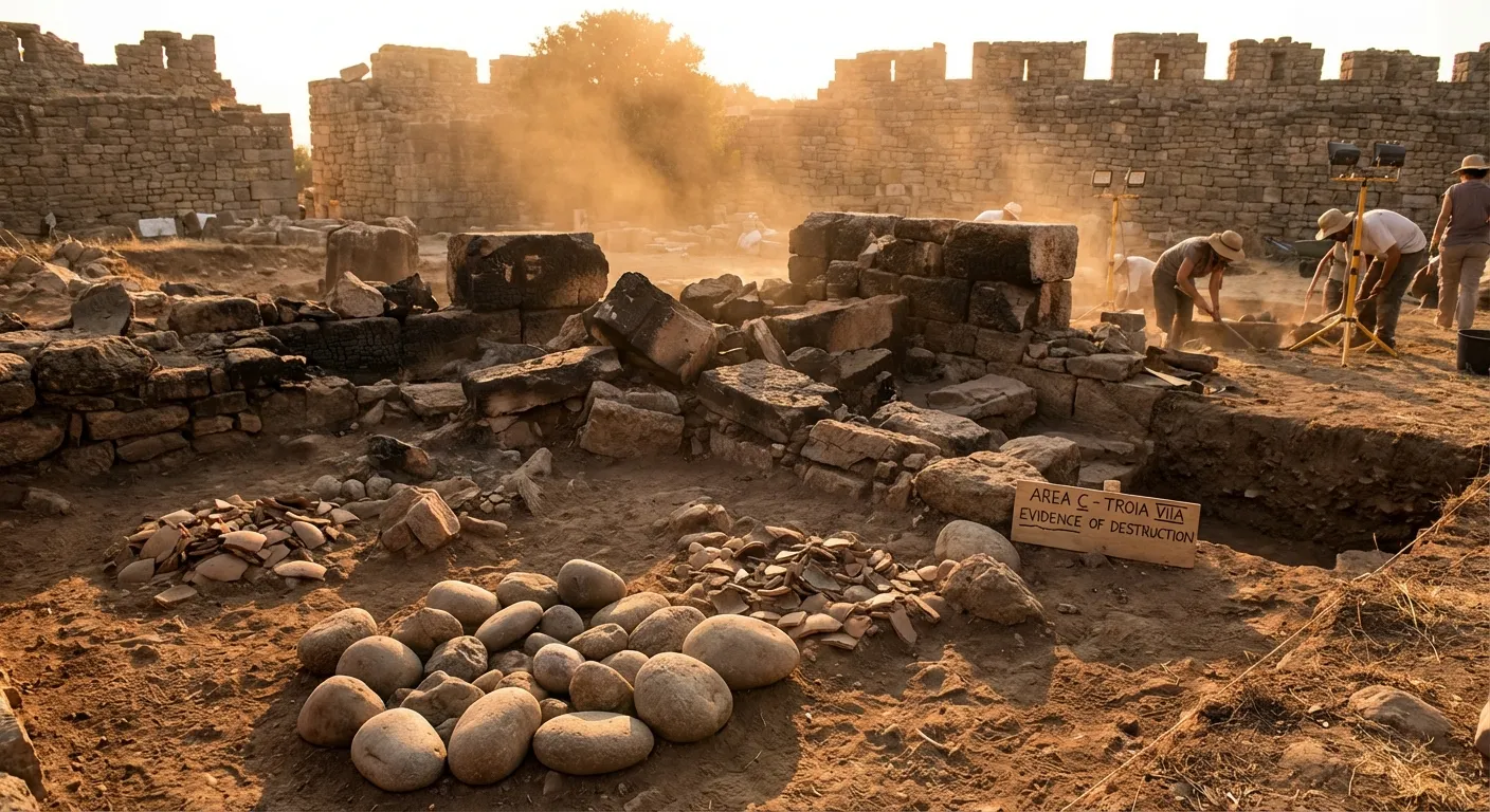 Ancient stone walls of Troy with scattered sling stones in foreground at archaeological dig