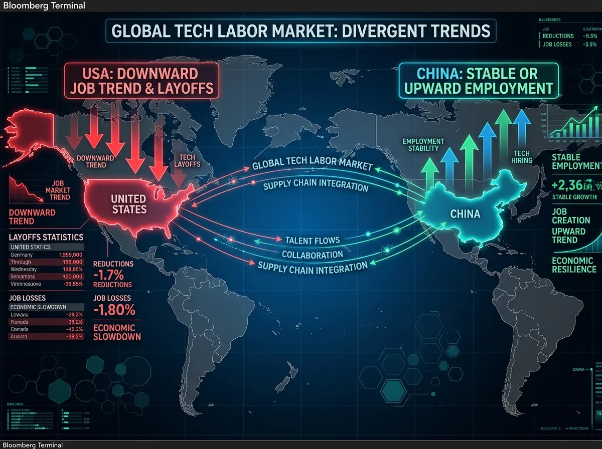 World map showing contrasting tech job trends between the United States and China