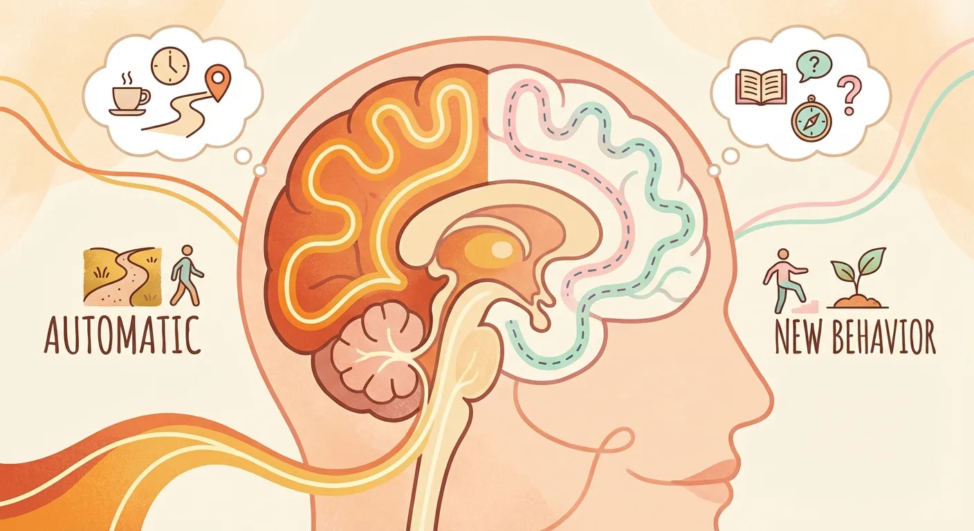 Illustration of brain pathways showing automatic versus effortful behavior routes