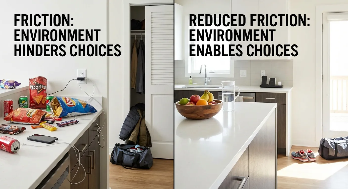 Visual comparison of high-friction versus low-friction environment for healthy habits