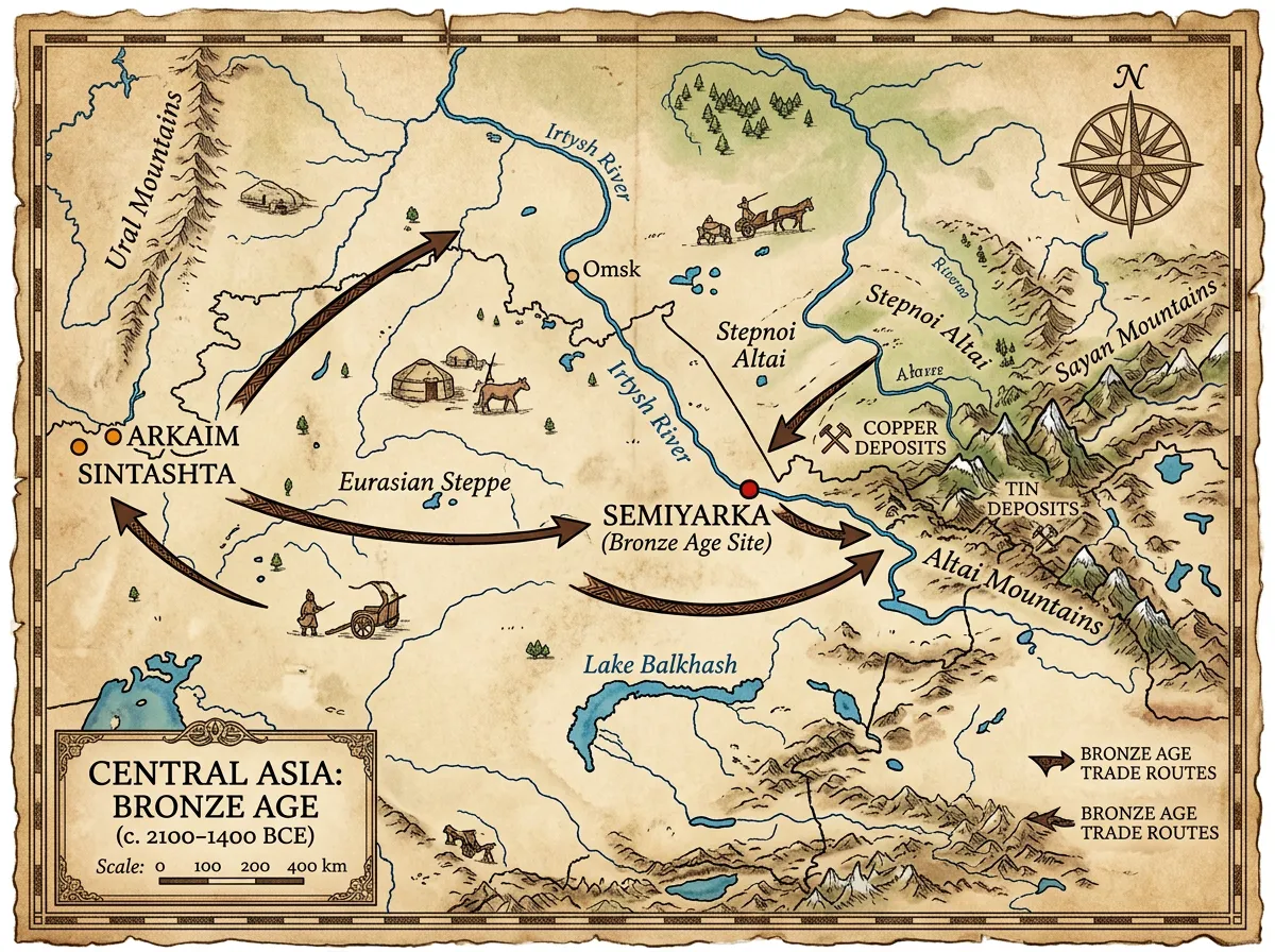 Map showing Semiyarka's location relative to the Altai Mountains and Irtysh River
