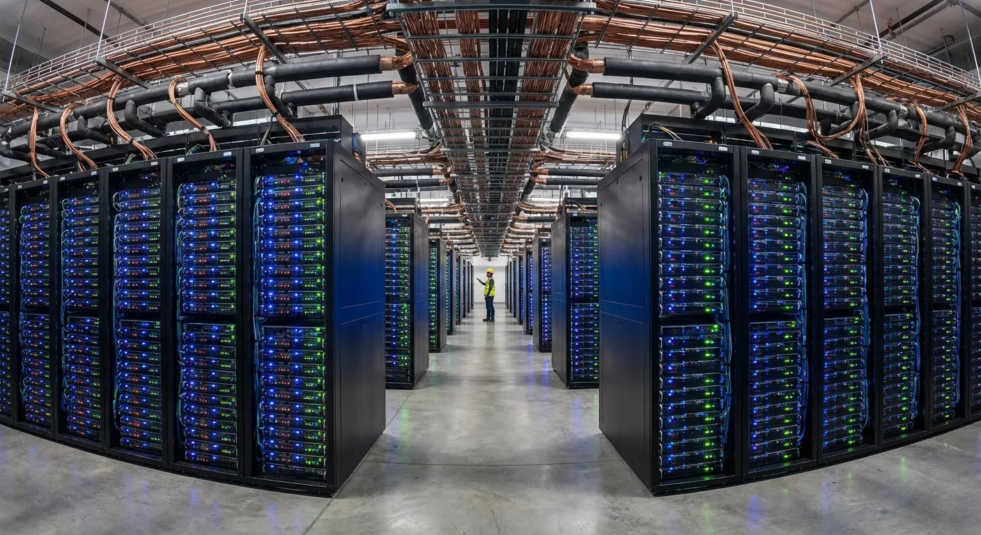 Massive supercomputer facility with rows of server racks consuming enormous amounts of power