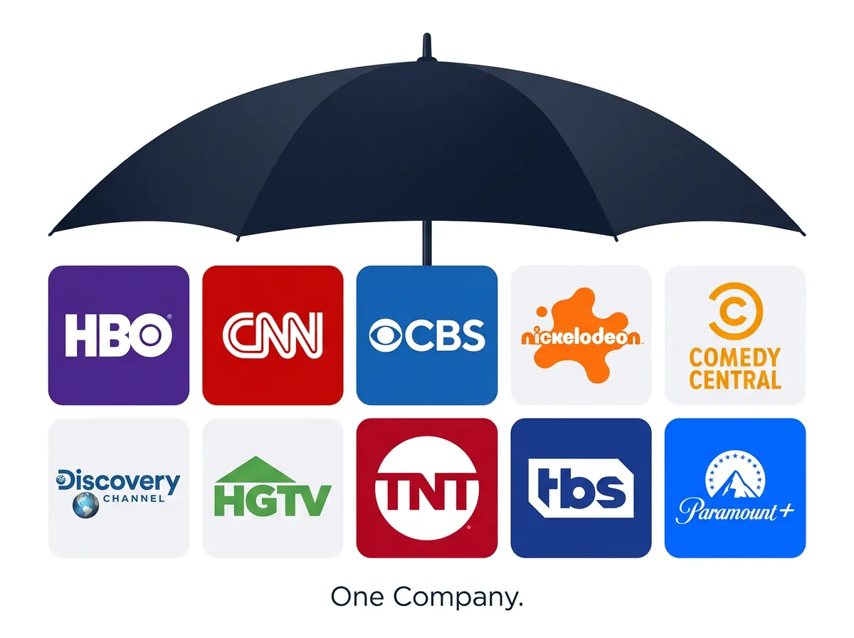 Collage of entertainment brand logos including HBO CNN CBS Nickelodeon under one umbrella