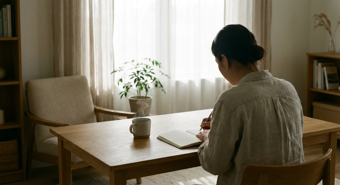Person working peacefully at a clean desk with a single notebook and cup of tea, morning light streaming through window