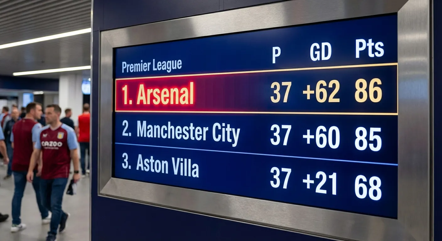 Premier League standings table on a digital display board showing Arsenal at the top