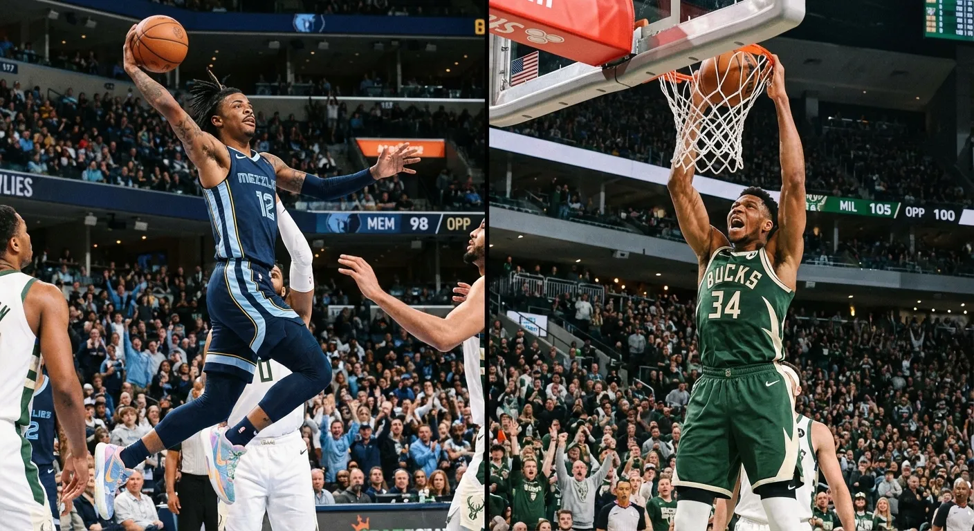 Ja Morant and Giannis Antetokounmpo in action during their respective games