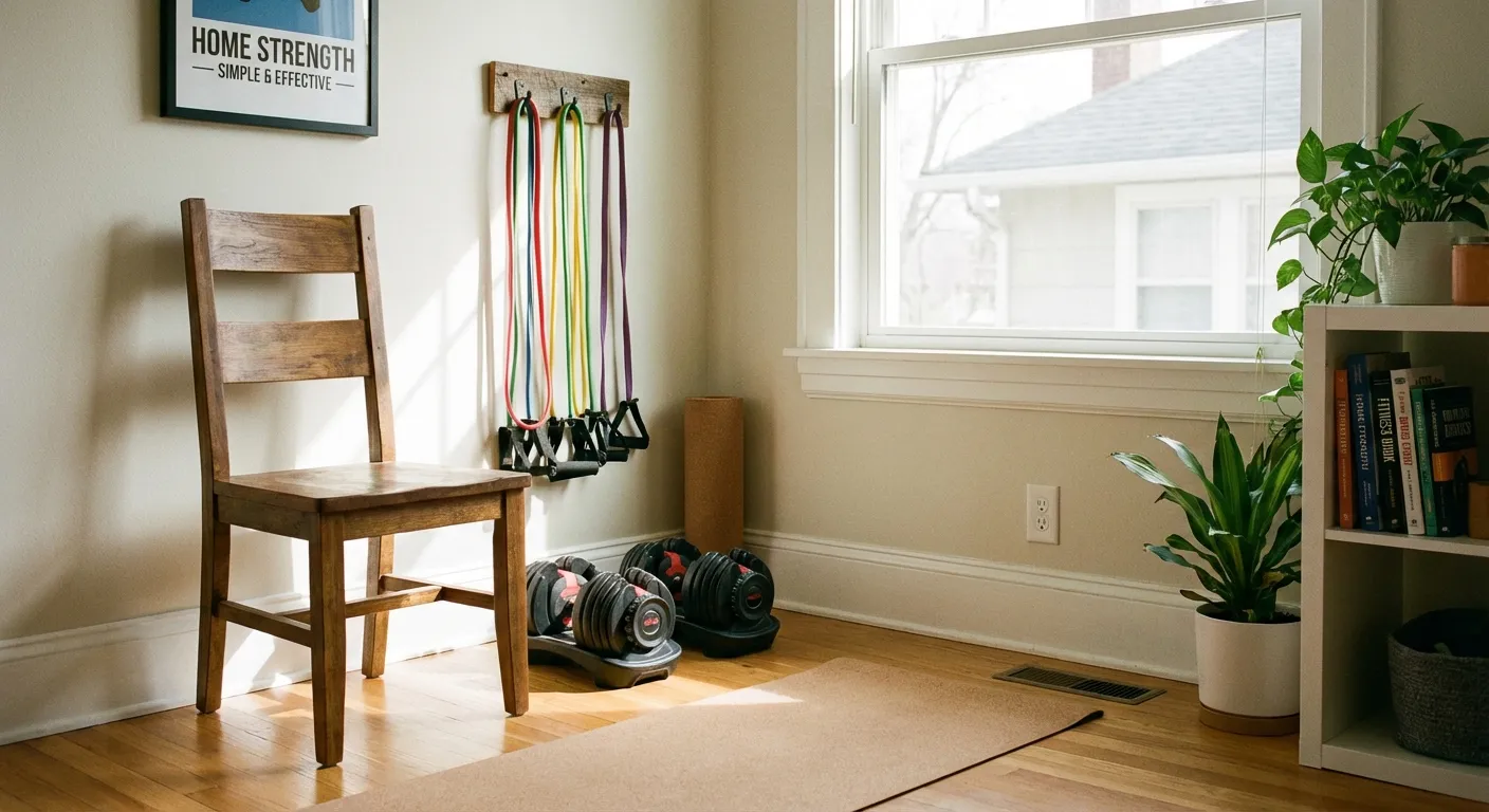 Home exercise setup showing resistance bands, adjustable dumbbells, and sturdy chair