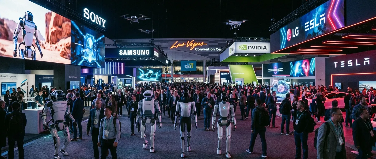 CES 2026 exhibition floor with humanoid robots and AI displays