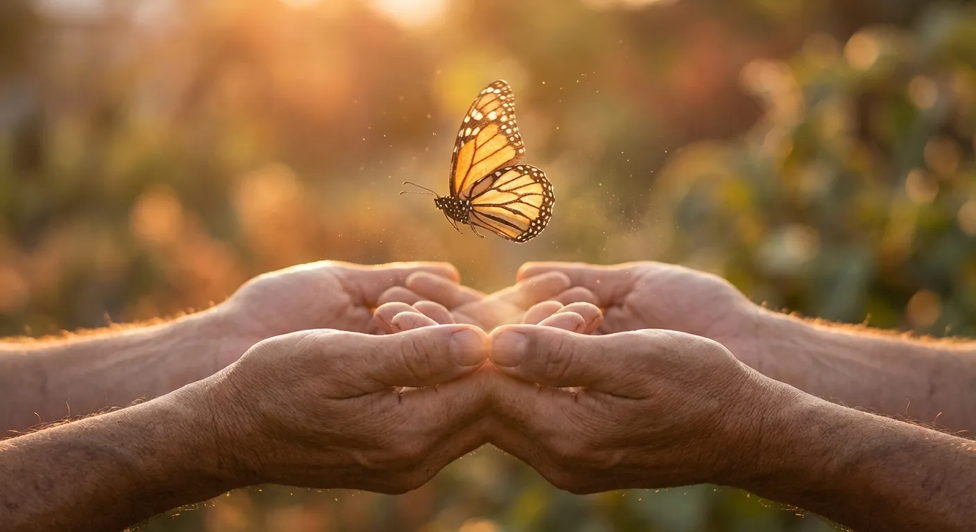 Hands releasing a butterfly representing letting go of inherited expectations