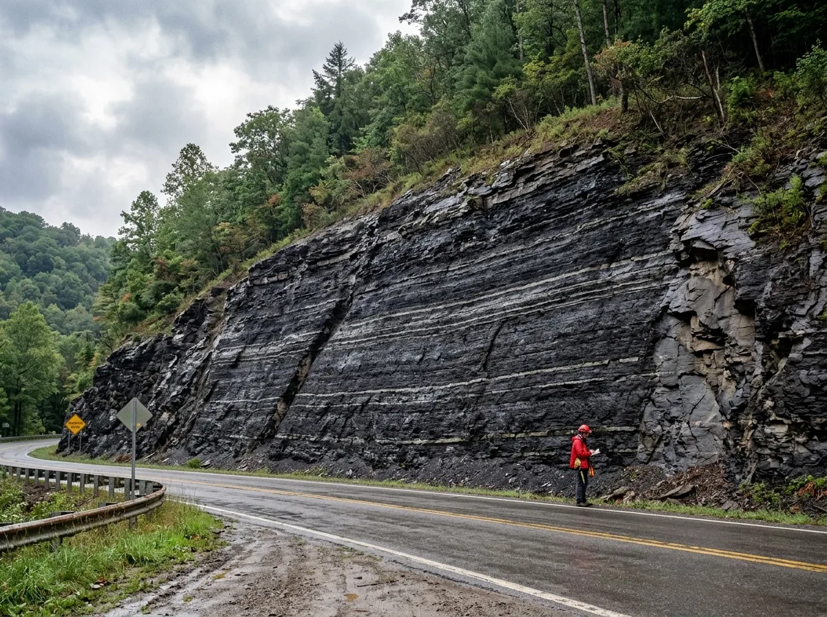 Stratified dark Appalachian black shale outcrop with thin lighter siltstone laminations