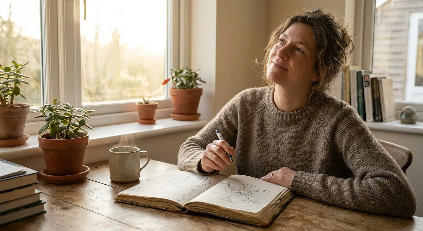 Person writing in a journal with a sense of discovery and self-reflection