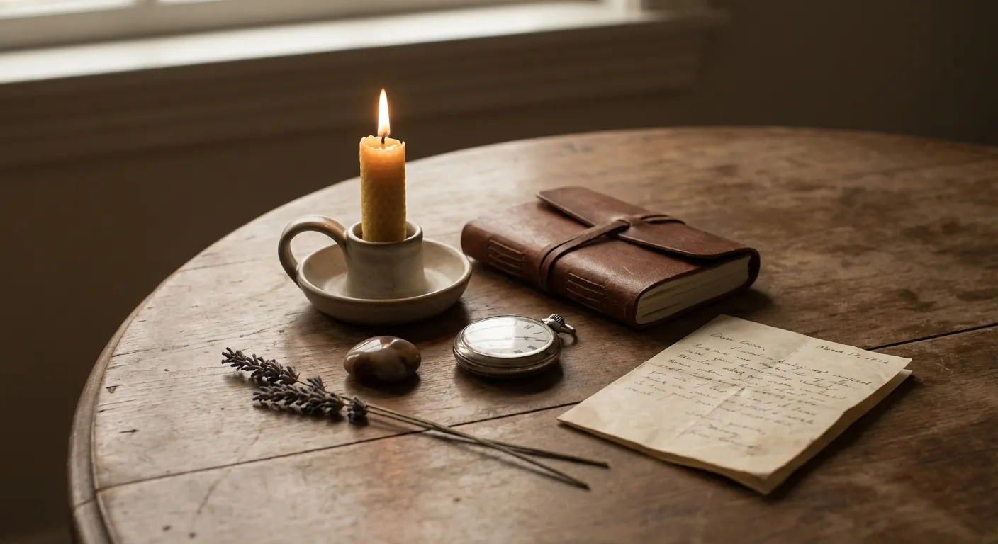 Simple ritual objects arranged with care representing personal meaning