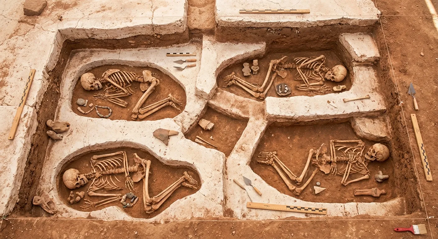 Archaeological excavation showing ancient skeletons buried beneath plaster floors at Catalhoyuk