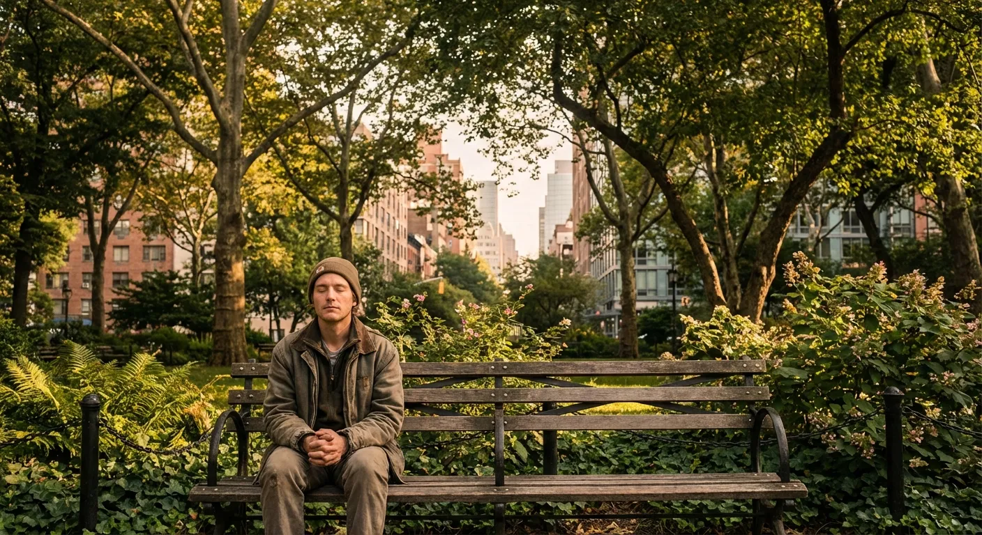 Urban park with mature trees showing accessible nature for city dwellers