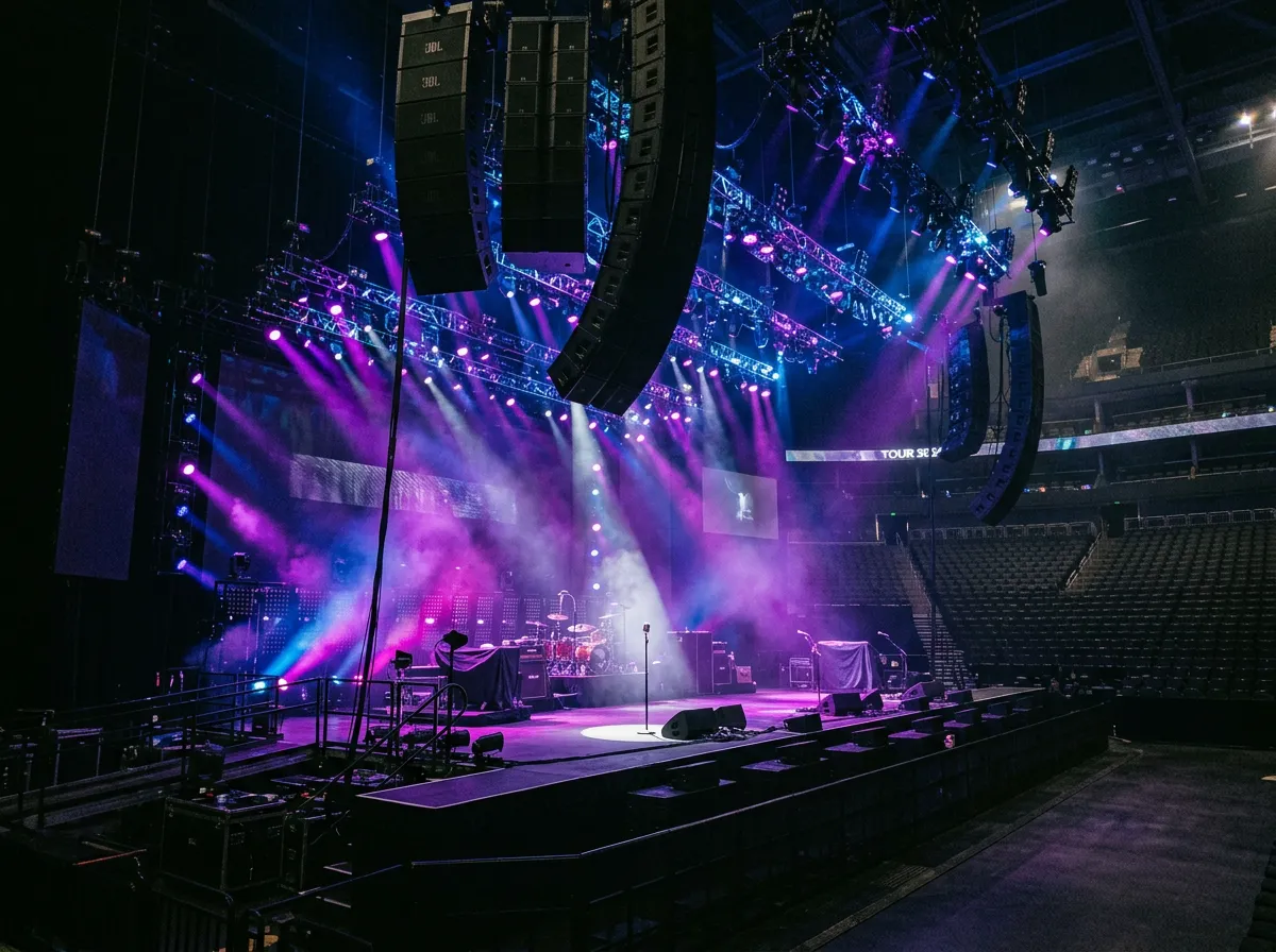 Empty concert stage with dramatic lighting and speaker arrays in darkness