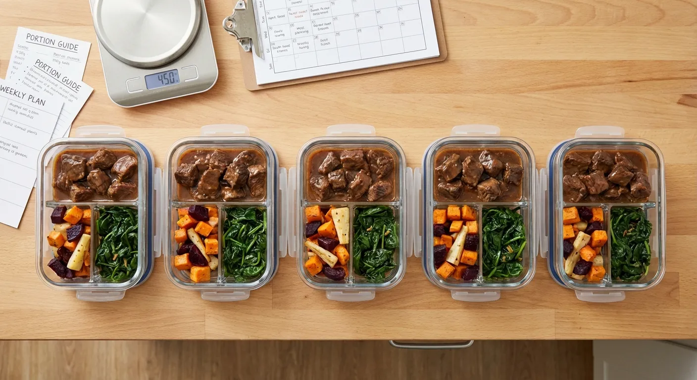 Properly portioned meal prep containers with protein, carbs, and vegetables