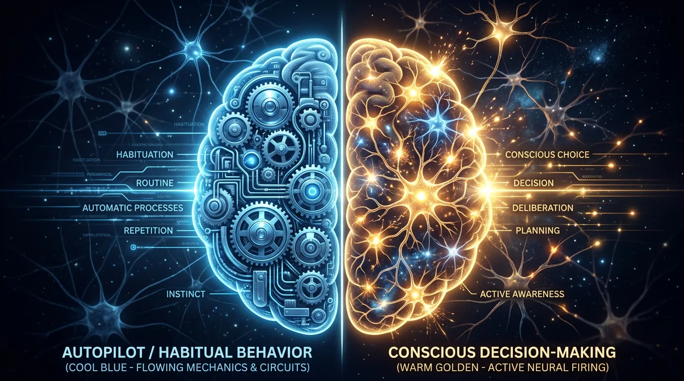 Conceptual illustration of a brain switching between autopilot and conscious decision modes