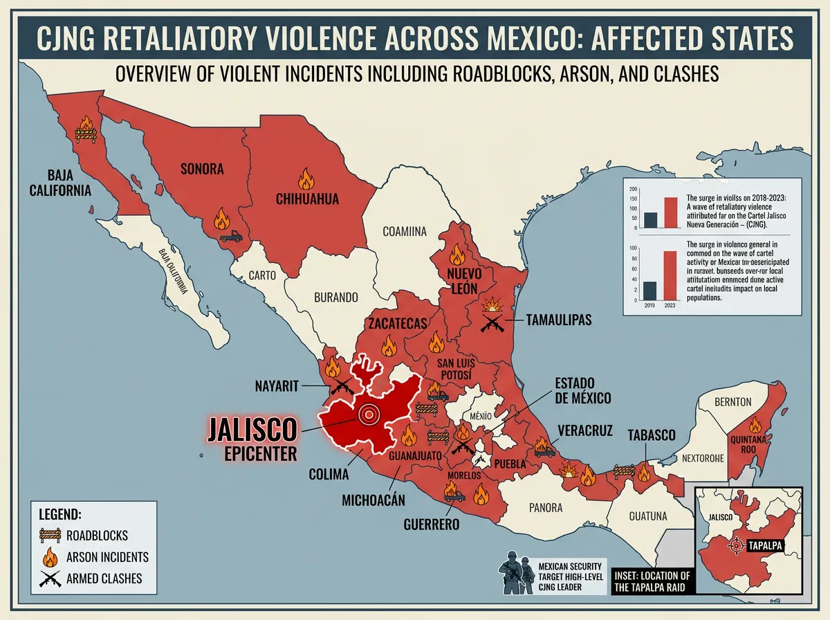Map of Mexico showing affected states during cartel violence with military presence markers