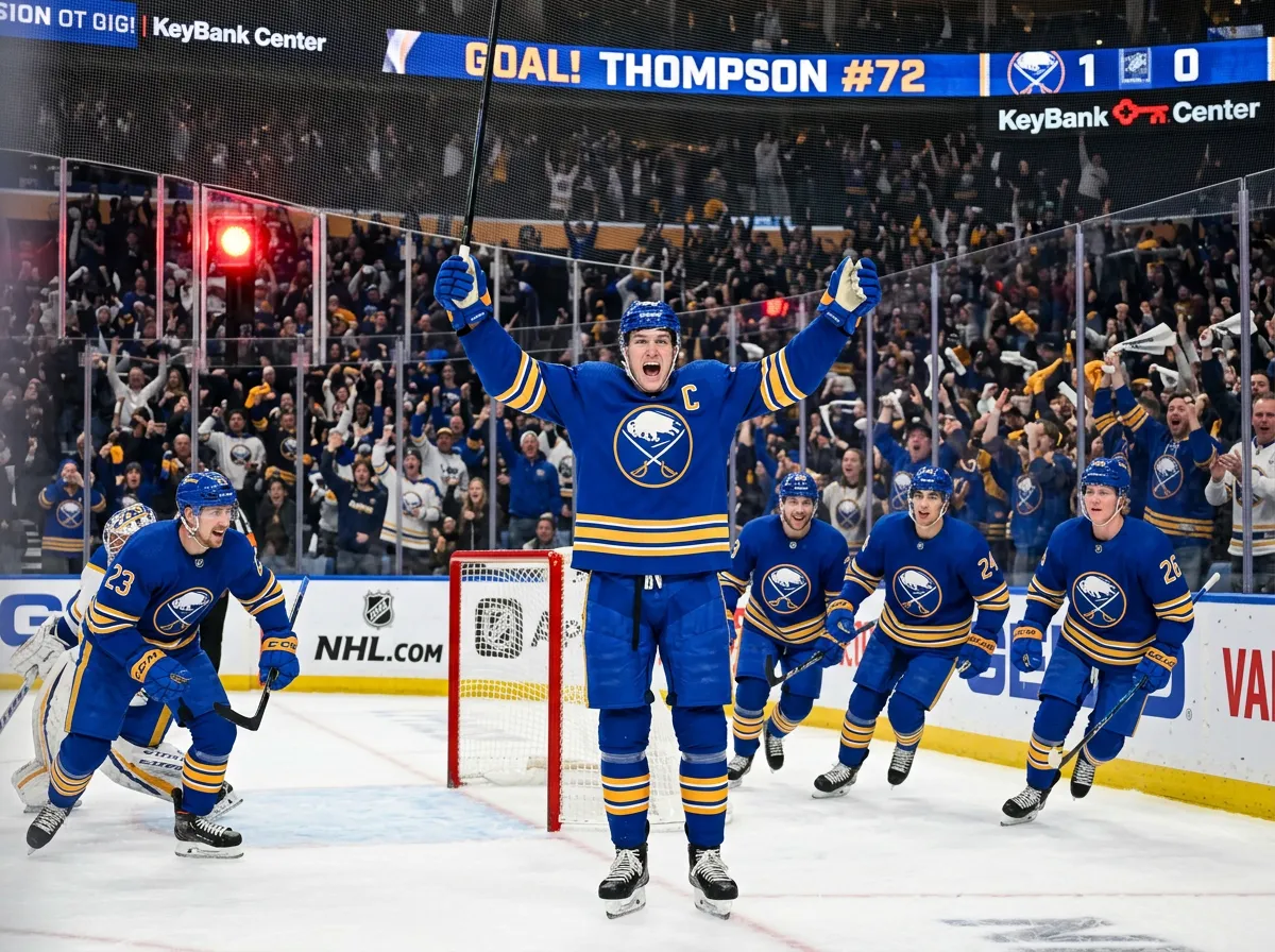 Tage Thompson celebrating after scoring a goal for the Buffalo Sabres