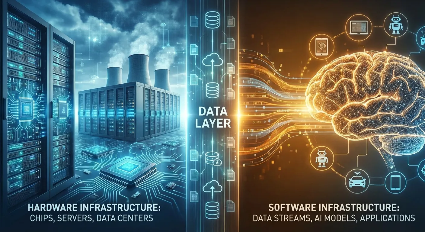 Split-screen showing AI infrastructure layers from chips to applications