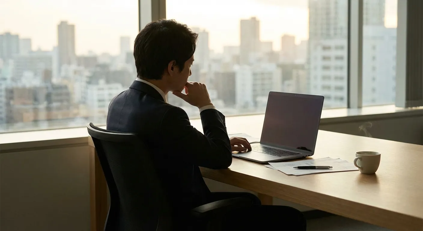 Person sitting at desk looking contemplatively out window, coffee growing cold, reflecting on work meaning