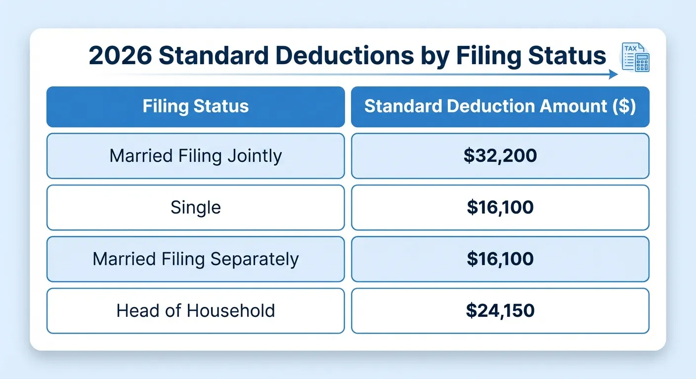 Table comparing 2026 standard deduction amounts by filing status