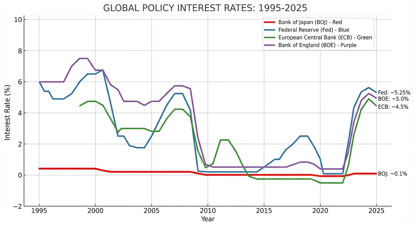 Chart comparing central bank interest rates across major economies from 1995 to 2025